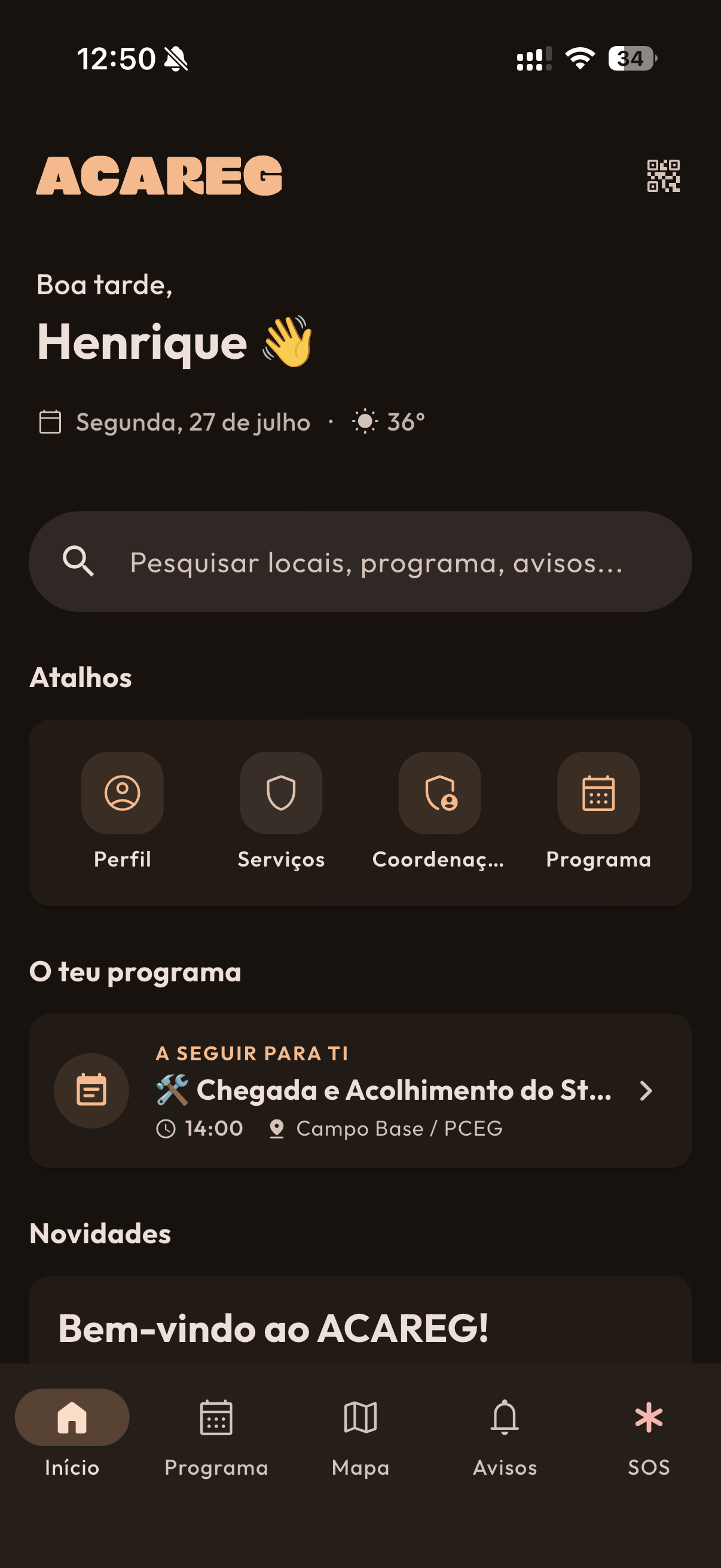 Ecrã inicial da app ACAREG B'26: saudação ao participante, atalhos para o perfil, serviços, coordenação e programa, a próxima atividade e a barra de navegação.